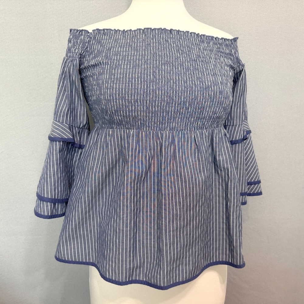 American Eagle Smocked Off Shoulder Top Womens Size S Blue Pinstripe Boho Cotton